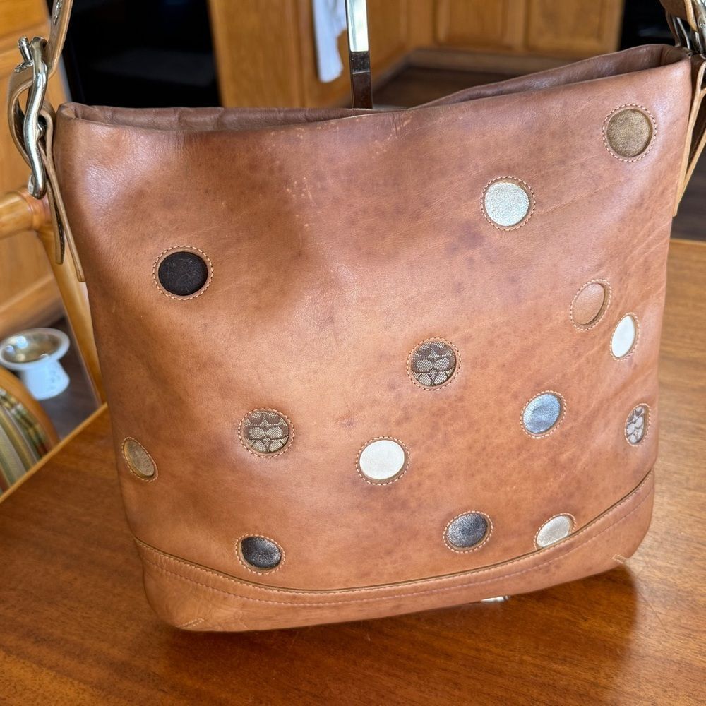 Vintage Rare Coach Leather Polka Dot Patchwork Shoulder Bag Silver Hardware - Picture 2 of 15